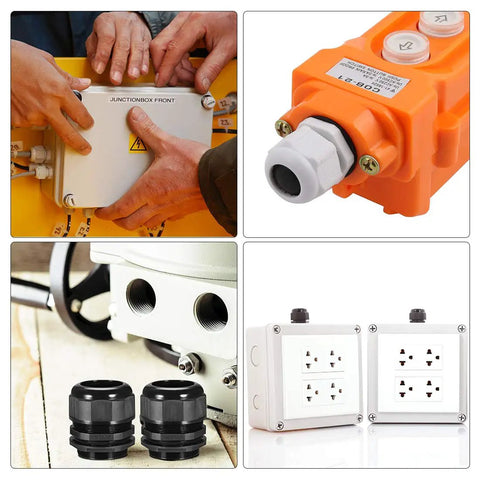 4 Pack PG11 Cable Gland Waterproof Plastic Joint With Adjustable Locknut Black Fits 5mm To 10mm Cable Diameter in use and close-up
