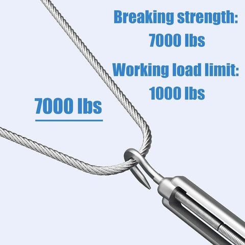 Heavy Duty 8mm Wire Rope Cable For Zip Line And Outdoor DIY Five Sixteenth Inch Stainless Steel Cable With Seven Thousand Lbs Breaking Strength Rust Resistant 304 Stainless Steel For Backyard Adventures And Industrial Grade Projects, shown with hook and breaking strength label.