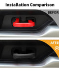 Installation comparison of Red Tow Hook Covers For Chevy Silverado And GMC Sierra 2014 2015 2016 2017 2018 2019 2020 2021 2022 2023 2024 2025 Bumper Receiver Cover And Trailer Hitch Protector Rubber Sleeve Trim With Easy Fit For Exterior Car Accessories showing before and after use.