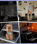 Collage showing Tab 400 RV Step Covers Rug Treads Grippy Anti Slip Dustproof Mats applied to camper stairs with pet and person.
