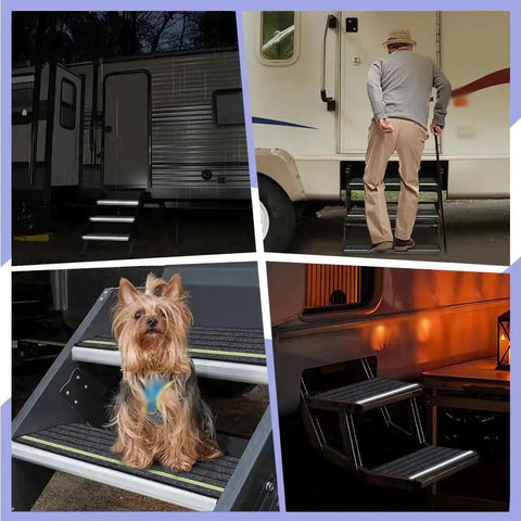 Collage showing Tab 400 RV Step Covers Rug Treads Grippy Anti Slip Dustproof Mats applied to camper stairs with pet and person.