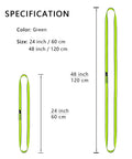 18mm Nylon Climbing Sling Runner 23KN Webbing Straps For Outdoor Rock Climbing And Rappelling Beefy Durable Swing And Yoga Hammock CE2008 EN566 Green 60cm 24in Pack Of 3, size illustration with 24 inch and 48 inch dimensions in green.