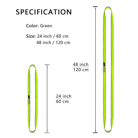 18mm Nylon Climbing Sling Runner 23KN Webbing Straps For Outdoor Rock Climbing And Rappelling Beefy Durable Swing And Yoga Hammock CE2008 EN566 Green 60cm 24in Pack Of 3, size illustration with 24 inch and 48 inch dimensions in green.