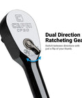 Close-up of Fine 90-Tooth Ratchet Set With Ergonomic Soft Grip, showing dual direction ratcheting gear and switch mechanism.