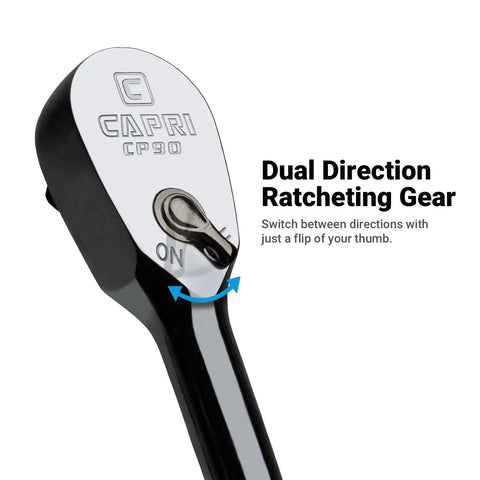 Close-up of Fine 90-Tooth Ratchet Set With Ergonomic Soft Grip, showing dual direction ratcheting gear and switch mechanism.