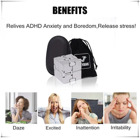 New Version Metal Infinity Cube Fidget Toy For Stress Anxiety Relief And ADHD Calming, shown with case and effects on users