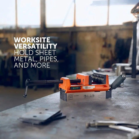 VersaMag Magnetic Vise Set With Two Rotor System on workbench, showing 1-9/16 inch jaw height and 4-1/4 inch clamping range.