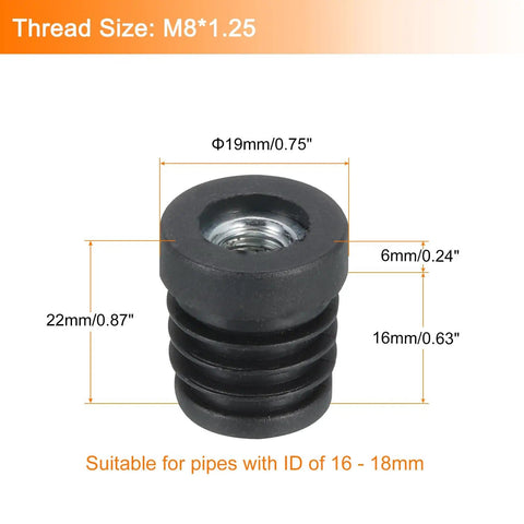 Six Pack M8 Threaded Tube Inserts For 16 To 18mm Pipes Black Plastic Plugs That Accept Caster Wheels Or Adjustable Feet On Furniture Legs And Chairs 19mm Diameter 22mm Length Fits 16 To 18mm Inner Diameter