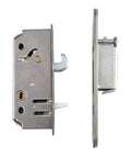 No Sweat Reachout Lock And Receiver Kit For Two Panel Gliding Patio Doors showing silver sliding door lock and receiver side view.