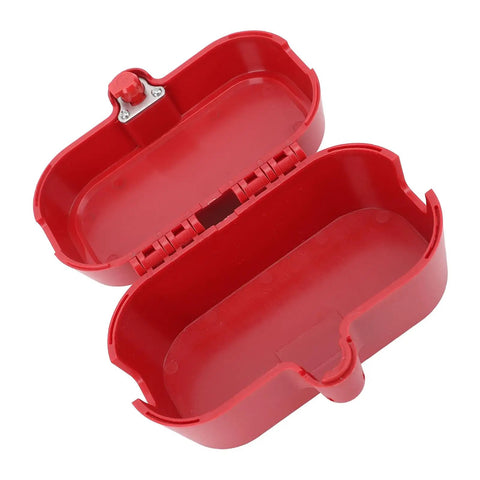 Open red Industrial Plug Lockout Box With Self Locking Design And Integrated Lock Cylinder No Fuss Key Retaining Safety Lockout Device