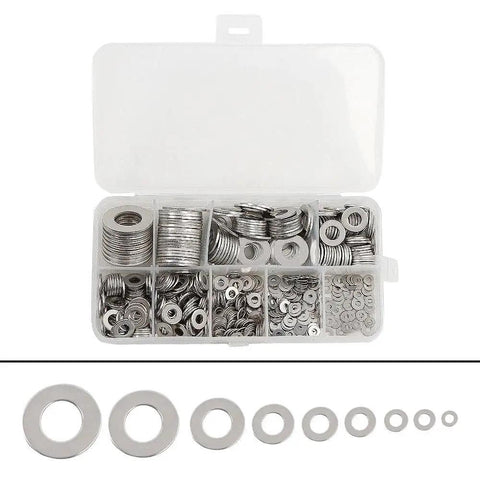 304 Stainless Steel Flat Washers Bulk Set, 600-Piece Assortment Value Kit For Hardware Projects, DIY Repairs, Heavy Duty, Secure Fit, Versatile Pack For Precision Fastening. Assorted sizes in organizer case