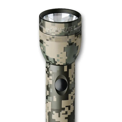 LED 3-Cell D Flashlight With Universal Camo, Weather-Resistant Seal, close-up on diamond knurled grip and lens.