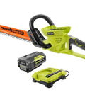 Game Changer 24 Inch Cordless Hedge Trimmer With 40V Lithium Ion Battery Fast Charger showing trimmer, battery, and charger.
