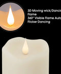Close-up of 3 Pack Flickering Flameless LED Pillar Candles Battery Operated With Timer Real Wax Ivory 3D Moving Flame Creates Cozy Ambient Glow
