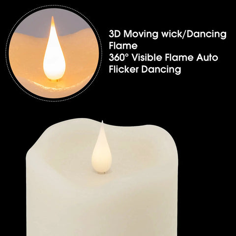 Close-up of 3 Pack Flickering Flameless LED Pillar Candles Battery Operated With Timer Real Wax Ivory 3D Moving Flame Creates Cozy Ambient Glow