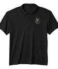 Black performance polo shirt with skull design, moisture-wicking UPF 50 fabric for Men Who Rock Performance Polo Shirts With Moisture Wicking UPF 50 Polyester Fabric That Looks Fresh And Lasts Long On The Job Or Hanging Out.