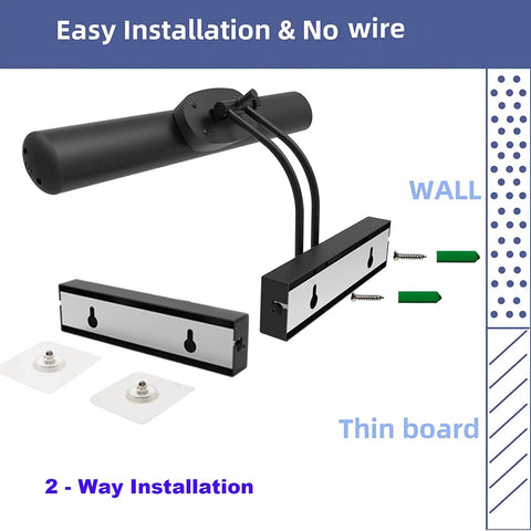 Easy installation diagram for Dimmable Wireless Rechargeable Picture Light With Remote And Timer, wall mounting options shown