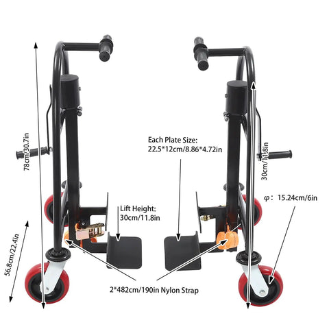 Heavy Duty Furniture Dollies With Tough Steel Core Rollers 1300 Lbs Capacity Machinery Movers side view with measurements.