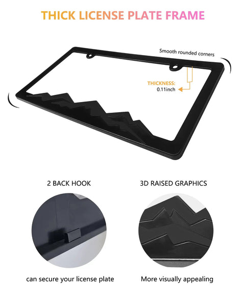Two Pack Black Plastic Mountain License Plate Frames With Three Dimensional Mountain Design Includes Mountain Vinyl Sticker Screws And Caps For Your Ride Adventure Ready For Off Road And Hiking Fans showing thick frame with 3D peaks