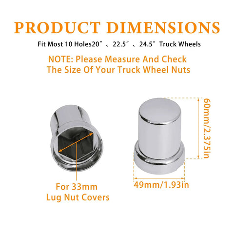 33mm By 2 3 Eighths Inch Chrome ABS Lug Nut Covers Push On Caps With Small Spiked Top Flanged Nut Covers For Semi Trucks Trailers And Heavy Duty Vehicles Pack Of 20 Weather Resistant Durable Universal Fit dimensions diagram