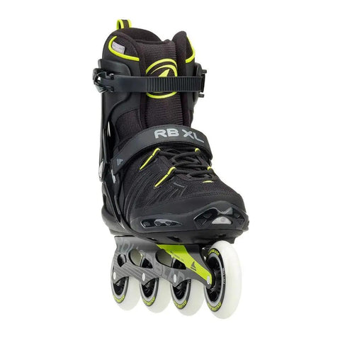 Front view of XL Men's Fitness Inline Skates With Beefy Shell And Cushy Liner, Double Wrap Closure, Size 14 To 17.5, Black And Lime.