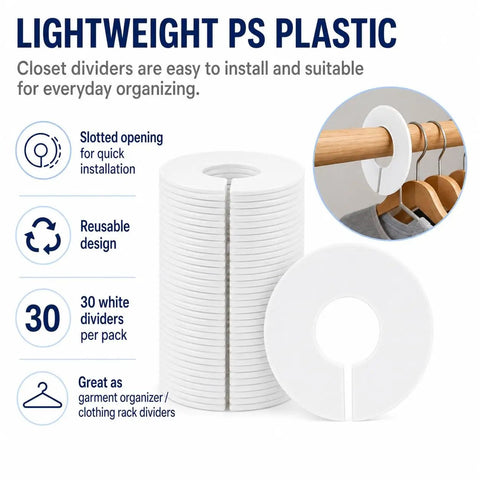 30 Pack White Closet Dividers for Baby Clothes, No Fuss Easy Label System, PS plastic, stacked view with installation details