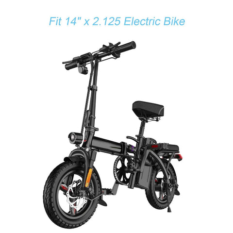 Black electric bike with 14-inch wheels, designed for 2 Pack 14x2.125 Inner Tubes For 14 Inch Electric Scooters And Ebikes With Angled Valve Stem