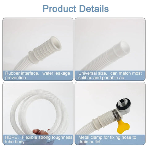 5 Ft Air Conditioner Drain Hose Kit Flexible Durable Tubing For Condensate Drainage No Fuss Easy Install For Mini Split Portable AC Washer Dishwasher And Faucet with rubber interface, universal size, metal clamp, and flexible tubing