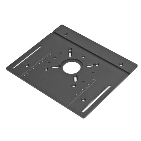 Router Table Insert Plate With Aluminum Mounting Base And Adjustable Lift Rings For Woodworking Setups, black plate with measurement markings.
