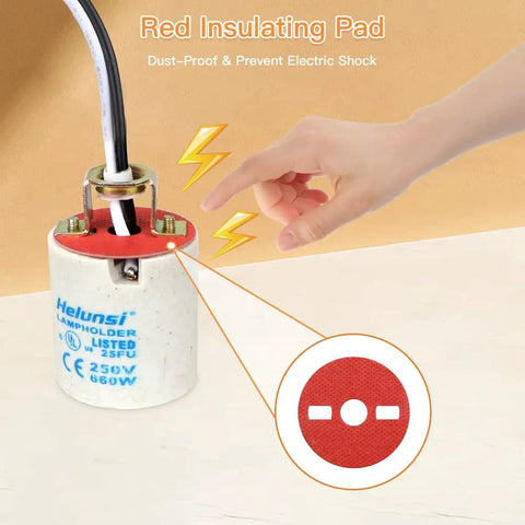 Helunsi Durable E26 And E27 Ceramic Light Socket Set With 12 Inch Wire Lead showing red insulating pad to prevent electric shock.