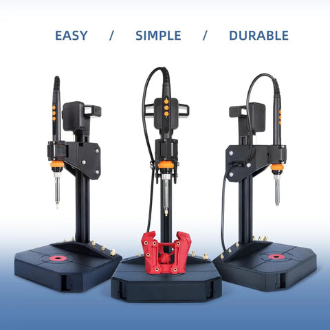 Vertical heat-set insert tool press with 90W soldering iron; three stations on bases with orange controls and a red 3D-printed part.