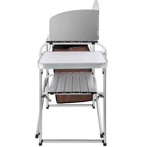 Aluminum Portable Folding Camp Kitchen Table With Windscreen Cupboard And Storage Organizer Carrying Bag For Outdoor Picnics Beach BBQ RV Travel Quick Setup Brown Finish, front view