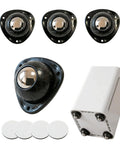 Black Self Adhesive Caster Wheels Four Pack Low Profile Swivel Rollers with three round casters and white holder.