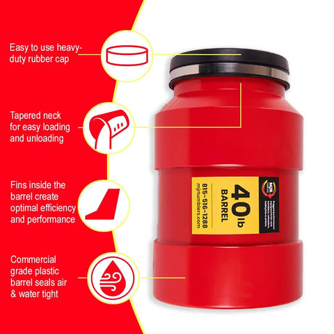 40Lb Rock Tumbler Machine for Pros Heavy Duty Pro Grade Polisher barrel detail with features highlighted, USA Made