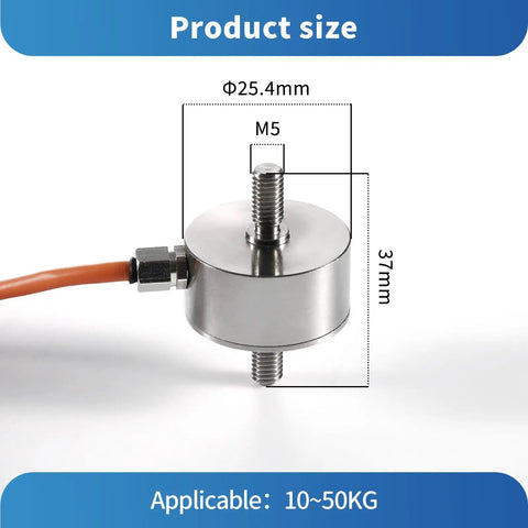 High Precision Load Cell Force Sensor With 0.1 Percent Accuracy In Stainless Steel Built Tough For Tension And Compression For Industrial Weighing And Force Measurement Three Meter Cable From Ten Kg To Two Hundred Kg Capacities, stainless steel load cell size diagram, 37mm, M5