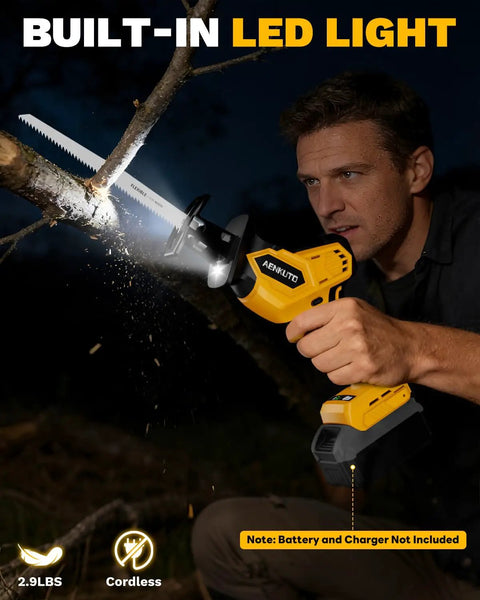 Man using Cordless Reciprocating Saw Tool Only With A Beast Brushless Motor, 0-3500 SPM, 3-Speed Variable to cut tree branch
