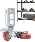 Pack Of Four 3 Inch Heavy Duty Storage Rack Caster Wheels With Ball Bearing Swivels That Roll Like Butter And Secure Lock Brakes To Handle Five Hundred Pounds Without Any Sweat For Garage Shelving Units In Bold Red with metal frame and rubber wheel detail.