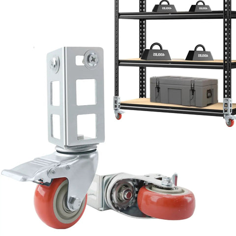 Pack Of Four 3 Inch Heavy Duty Storage Rack Caster Wheels With Ball Bearing Swivels That Roll Like Butter And Secure Lock Brakes To Handle Five Hundred Pounds Without Any Sweat For Garage Shelving Units In Bold Red with metal frame and rubber wheel detail.