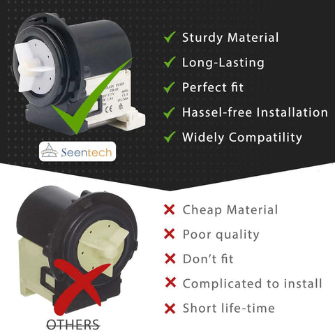 Seentech washer drain pump motor, black housing with white impeller, front view