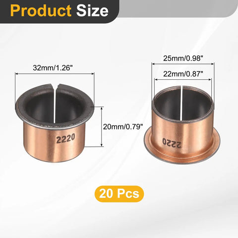 Flanged Sleeve Bearing 22mm Bore 25mm OD 20mm Length 32mm Flange 1.5mm Thick 20 Pack Sintered Bronze Wrapped Oilless Bushings For Self Lubricating Heavy Duty Iron Alloy Bearings, size diagram