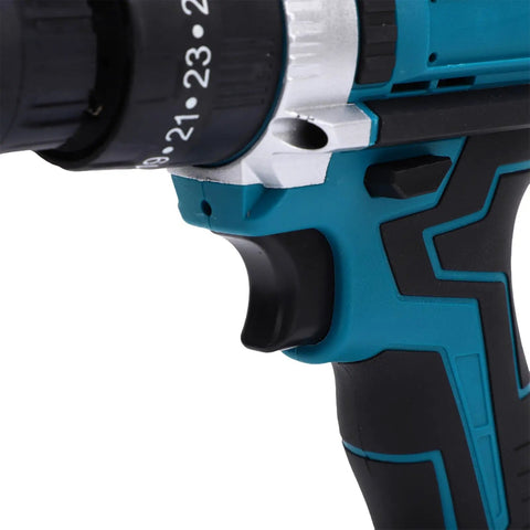 Close-up of the grip and chuck of the Badass 21V Cordless Drill Driver With Brushless Motor and 2000 RPM Adjustable Speed.