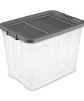 Heck Yeah 2 Pack 108 Quart Stackable Storage Containers With Deep Recessed Latch Lids Clear Plastic Heavy Duty Organizers For The Garage Home And Ultimate Multi Room Setup, gray lid, clear body.