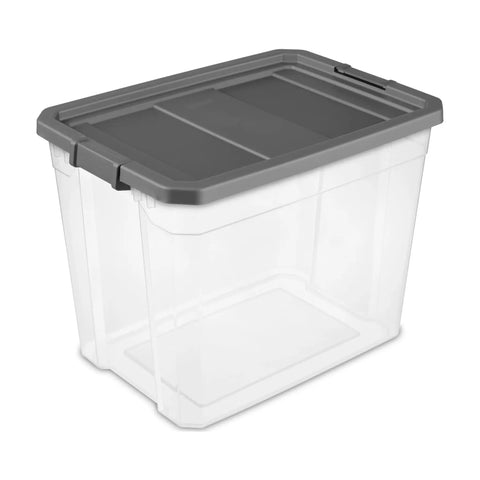 Heck Yeah 2 Pack 108 Quart Stackable Storage Containers With Deep Recessed Latch Lids Clear Plastic Heavy Duty Organizers For The Garage Home And Ultimate Multi Room Setup, gray lid, clear body.