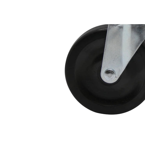 Close-up of 4 Inch Spring Loaded Gate Caster With Heavy Duty Swivel Wheel And Universal Mount, Adjustable Shock Absorbing Spring For Smooth Gate Movement On Uneven Terrain, Ground Contact Design To Reduce Post And Hinge Strain, Supports Up To 125 Lbs Black.