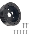 Heavy Duty 10 Piece Steering Wheel Adapter Kit For Quick Bolt Right On 6 To 3 Hole Hub Conversion And One Inch Height Lift With Included Hardware, black spacer plate with hex bolts.