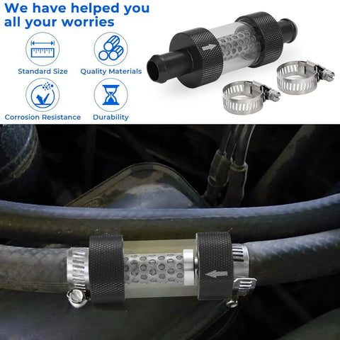 Five Eighth Inch Universal Inline Heater Core Coolant Filter keeps radiators running smooth with sturdy steel design in engine compartment.