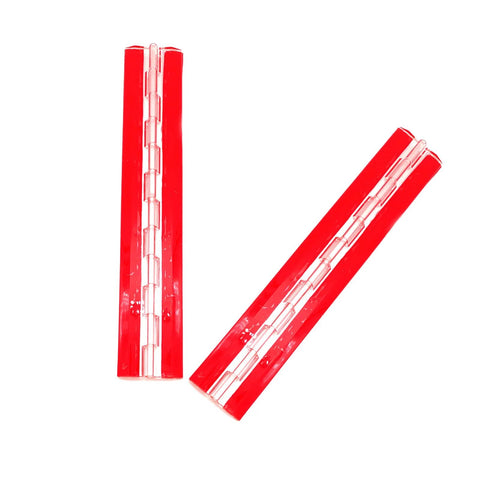 Two red acrylic piano hinge strips with clear hinge links, 300mm length