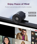 Straight Up 1080P HD Webcam With Kickass AI Noise Cancellation Dual Built In Mics Physical Privacy Shutter mounted on a laptop.