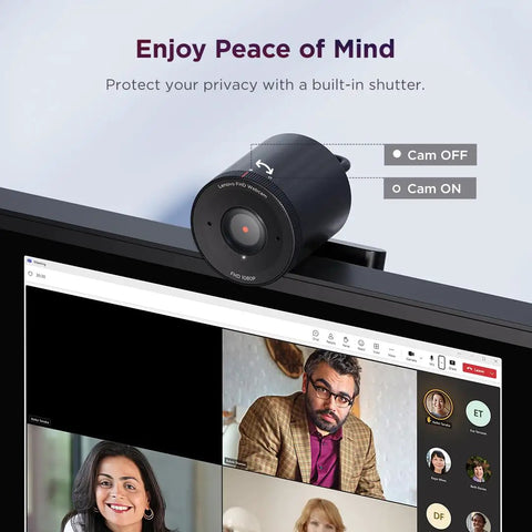 Straight Up 1080P HD Webcam With Kickass AI Noise Cancellation Dual Built In Mics Physical Privacy Shutter mounted on a laptop.