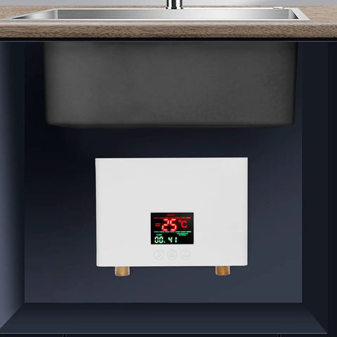 Experience Straight Hot Water Fast With Rock Solid 3000W Electric Heater under sink, featuring digital display for easy temperature control.